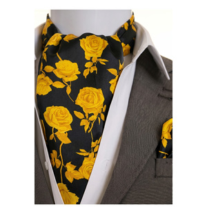 Conjunto de Accesorios Masculinos de Satén Suave Negro: Pañuelo, Chal, Cravat, Ascot y Pañuelo de Bolsillo con Estampado de Rosas Doradas, Colección de Corbatas de Moño - Product Image 2