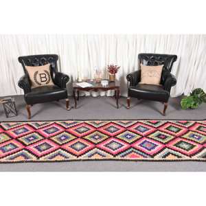 Tapis en laine rose Kilim 3.3 x 11.1ft tissage plat turc en peluche 9x12 motif de couloir pour les décorations de salon soutenu avec du latex - Product Image 2