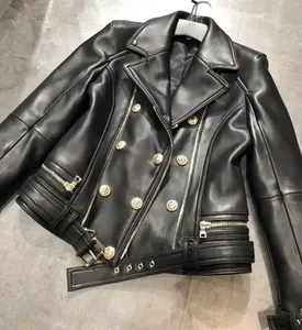 แจ็คเก็ตนักขี่จักรยานหนัง PU สำหรับผู้หญิงทันสมัยใหม่แจ็คเก็ตผ้าฝ้ายเติมความยาวสำหรับฤดูใบไม้ผลิฤดูร้อนของตกแต่งกระเป๋าแฟชั่น - Product Image 6