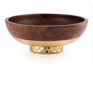 Gold Plated <b>Heavy</b> <b>Duty</b> Metal Round Shape Bowl With High Standard Quality Wooden Made Base Home And Hotel Kitchenware Supplies - Product Image 3