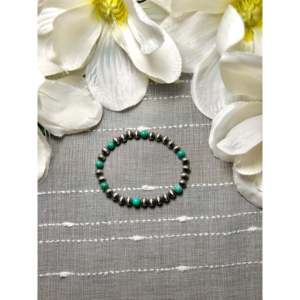 Navajo-Made Kingman Turquoise & Sterling Silver Beaded <b>Bracelet</b> <b>Ball</b> Shape Stretchy Design for Gift - Product Image 1