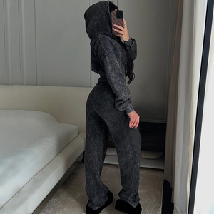 Customize Oem Logo Custom Sweatsuit Acid Wash <b>Women</b> Tracksuit Slim Fit Wide Leg <b>Pants</b> Pullover Cotton <b>Lounge</b> Wear tracksuits - Product Image 5