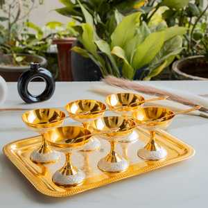 Juego de 6 Tazones para Helado Plateados y Pulidos en Oro, con Cucharas y Bandeja, para Ocasiones Festivas como Diwali - Product Image 6