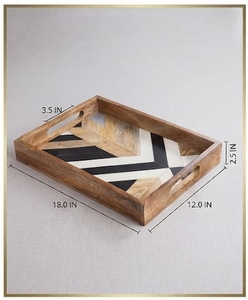 Plateau décoratif en bois de manguier rectangulaire avec incrustation géométrique en résine, motif abstrait, style moderne farmhouse, art en bois artisanal - Product Image 5