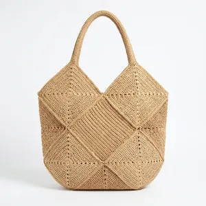 Two Tone Woven Raffia Tote Bag Large Capacity Portable Shoulder Handbag with Custom Logo for Beach Travel Daily Use - Product Image 4