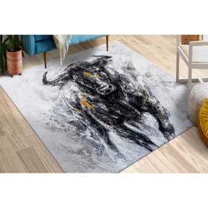 Tapis d'art abstrait avec motif de taureau : Tapis de sol expressionniste noir et blanc, tapis doux non tissé - Product Image 1