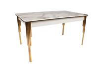 Table à manger à rallonge en métal et verre trempé de haute qualité à vendre Table à manger ronde étanche effet marbre blanc jambe dorée