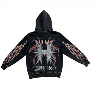Custom Men’s Oversized Cotton Tracksuit Winter Acid Wash Rhinestone Zip Hoodie & Jogger Set Streetwear OEM Wholesale - Product Image 4