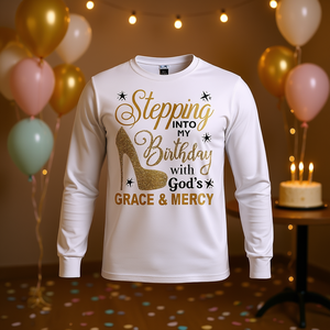 Camiseta de manga larga para fiestas de cumpleaños, celebración con la gracia y la misericordia de Dios - stepping in - Product Image 3