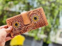 Buatan tangan peralatan ukir bordir wanita Clutch kulit biji-bijian penuh dompet panjang tempat kartu rumbai grosir antik