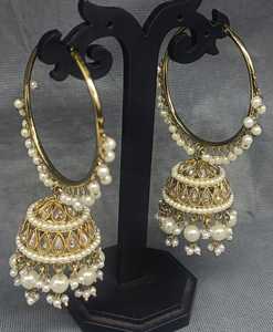 Classic Style Polki Mehandi <b>Hoop</b> Bali Jhumki Earring <b>Floral</b> Shape Made of Brass with Ruby Main Stone for Wedding-SKU 2096 E1 - Product Image 1