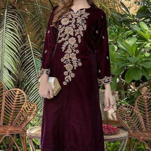 Party Wear Kurta With <b>Pant</b> Beautiful Embroidery on Velvet Fabric Dress Embellish Crystal Glass Beads, Dabka Work - Product Image 1