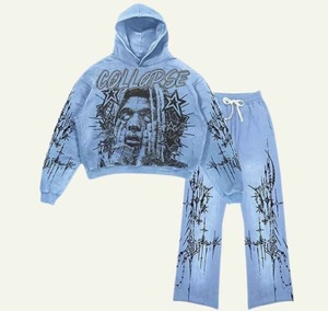 Ensemble sweat à capuche et pantalon évasé imprimé vintage délavé de haute qualité pour l'hiver – Écologique, respirant et léger - Product Image 4