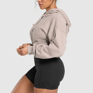 Meilleure vente : sweat-shirts à capuche zippés, épaules tombantes, manches longues, bas flexible, coton et élasthanne, impression personnalisée en relief, respirant, pour femmes - Product Image 5