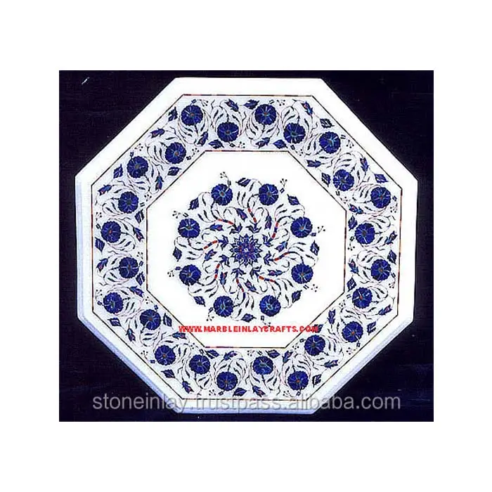 Made In India Top Quality Luxurious Product White Marble Lapis Lazuli Flowers Inlay Table Top With Beautiful Floral Design