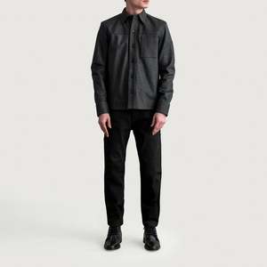 <b>Men's</b> Semi-Aniline Tumbled <b>Black</b> Sheepskin Leather Turn-down Collar Chest Pocket Shacket - Product Image 4