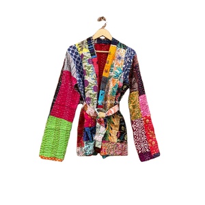 Ajrakh-Albornoz corto con parche impreso para mujer, abrigo largo de algodón étnico tejido a mano, chaqueta de invierno hecha a mano, venta al por mayor - Product Image 1
