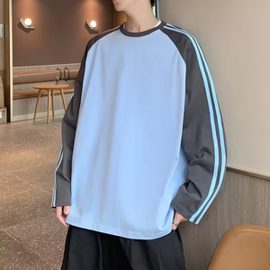 T-shirt à manches longues à col rond rayé pour homme |   T-shirt polo uni vintage à rayures latérales, style sport décontracté et preppy - Product Image 2