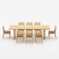 Muebles de Madera de Java, Juego de Comedor Moderno de 9 Piezas de Madera de Teca Sólida, 8 Sillas de Cuero con Respaldo de Mimbre, Base Acanalada, Hecho a Mano