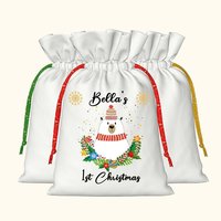 Sac cadeau personnalisé en lin pour le premier Noël des enfants avec logo imprimé durable, 8,2 x 11,8 pouces, sacs cadeaux pour les fêtes