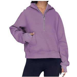 2025 Women's Casual Cropped Pullover Knitted Sweatshirts Breathable Half Zip <b>Hoodies</b> <b>Thumb</b> <b>Hole</b> for Spring Outfits Custom - Product Image 1