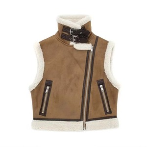 2026 Autumn Female Fashion Faux Leather Lambswool Patchwork Sleeveless Vest Jacket Thickening Warm Zip <b>Waistcoats</b> Coat - Product Image 2