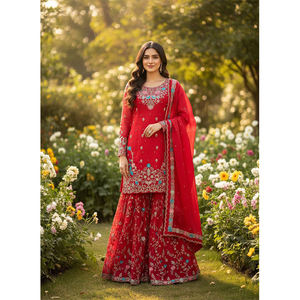 Dernière collection de costumes Sharara pour mariage, design et style modernes, en soie JMC avec travail de séquence de fils et travail de rivets Moti - Product Image 1