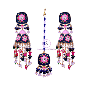 Diseñador Meenakari Jhumka Pendientes con Maang Diseñador tradicional Jhumkas Campana Patrón Pendientes Boda, Mehndi, Haldi, Desgaste - Product Image 2