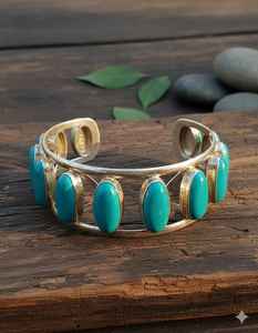Bracelet manchette bohème fait main Garmani en argent et turquoise, jonc perlé réglable en argent allemand, 20 % de réduction et cadeau du Nouvel An - Product Image 1