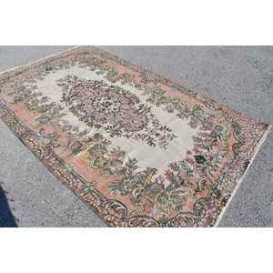 Vintage Turkish Rug 5.4x8.8 ft <b>Brown</b> Pink Oriental <b>Wool</b> Eco-Friendly Patchwork Rug with Latex Backing - Product Image 4