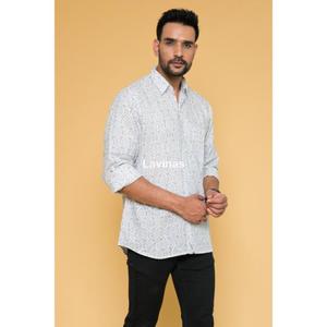 White Summer Boho Hippie <b>Geometric</b> Print Cotton Block Printed Men's Long Sleeve <b>Shirt</b> Designer Beach Wear - Product Image 3