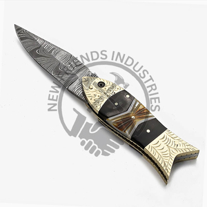 Couteau de poche pliant en acier damas fabriqué à la main corne brûler la poignée en os pour la chasse en plein air pêche personnalisable OEM Camping bricolage - Product Image 2