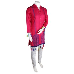 Costume en coton brodé pour femmes, 2 pièces - Rose foncé - Product Image 2