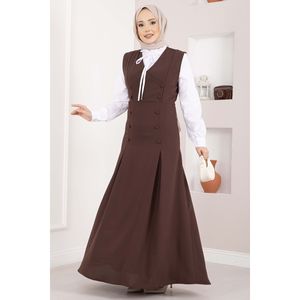 Elegante Conjunto de Dos Piezas en Crepé Color Café: Camisa y Chaleco con Botones, Corte Holgado, Estilo Casual - Product Image 3