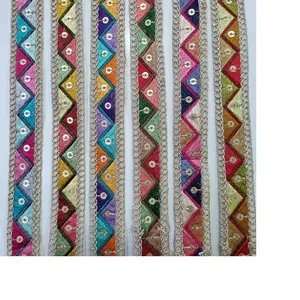 custom made embroidered thread work laces with multi coloured options in sequins embroidery in 2 inch width