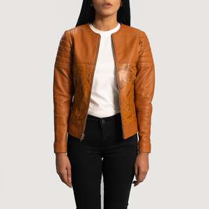 Chaqueta de Cuero Acolchada Color Bronceado para Mujer, Reversible, con Logotipo Personalizado, Tela Satinada, Talla 3XL, Otoño-Primavera, Decorada con Plumas - Product Image 3