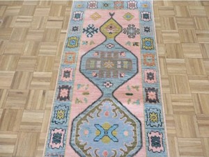 Antique Luxury <b>Wool</b> Rug 2.8x12 <b>Pink</b> Geometric Oushak Runner Handknott Vintage 2.8x10,2.8x18 Living Room Carpet High Prayer for - Product Image 2