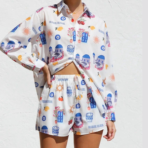 Conjunto de pijama transpirable informal con estampado de corazón de lino de verano de talla grande para mujer de Vietnam para uso en el hogar hecho en Vietnam - Product Image 2