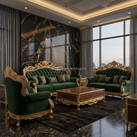 OE-FASHION Ensemble de mobilier complet pour chambre principale de villa, lit rond en velours vert émeraude de style baroque, bois sculpté à feuilles d'or
