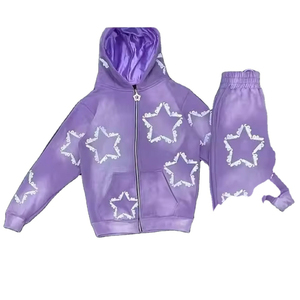 Survêtement unisexe personnalisé en coton épais, grande taille, effet vieilli et délavé à l'acide, style urbain, imprimé, avec sweat à capuche et pantalon de survêtement pour homme, hiver - Product Image 4