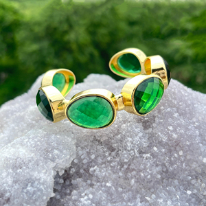 Quartz vert grand bracelet manchette en pierres précieuses en laiton plaqué or 18 carats manchette réglable bracelet de déclaration de créateur pour les femmes - Product Image 1