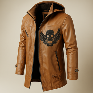 Chaqueta de cuero con capucha de calidad de exportación con bordado de alas de calavera chaquetas de motorista personalizadas proveedor de ropa de cuero para hombres - Product Image 2