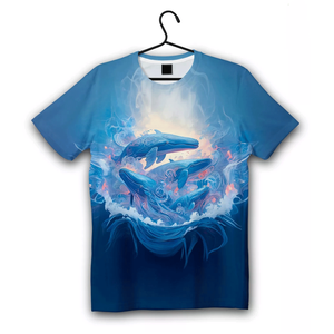 Camiseta de cuello redondo de diseño personalizado, estampado de ballena jorobada sublimada de algodón 100% para fiestas de naturaleza oceánica - Product Image 1