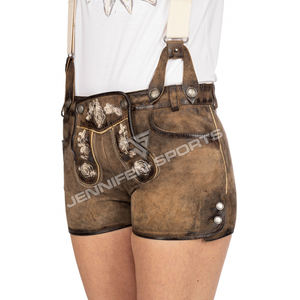 Pantalones cortos de cuero de vaca genuino a la moda para mujer, pantalones cortos de cintura media para mujer, bolsillos delanteros bávaros, cierre de botones - Product Image 2