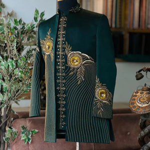 Stunning Bottle Green Indo-Western Groom <b>Dress</b> Embellished Crystal Glass Beads Dabka Work Plus Size Coat Kurta Pant for <b>Men</b>-2025 - Product Image 1