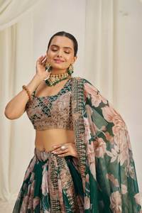 Floral Printed Organza Lehenga Set for Parties Semi-Stitched Embroidered Dupatta Unstitched Blouse Zari Dori <b>Sequin</b> Work - Product Image 6