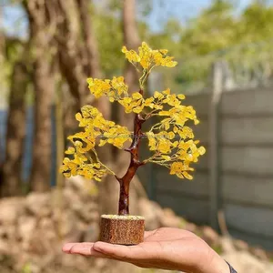 天然石材黄水晶树盆景钱币生命之树天然黄水晶300碎片树天然石材印度产品化石