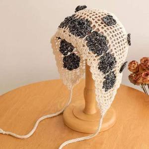 Handmade Cotton Character Hollow Flower Common Knitted <b>Hat</b> Unisex Adult <b>Purple</b> Pullover Face-Slimming Atmosphere Casual 56-58cm - Product Image 4