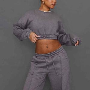 Conjunto de pantalón y sudadera de manga larga informal con logotipo personalizado al por mayor, pantalones de mujer de algodón 100%, chándales, conjunto de suéter de punto de 2 piezas - Product Image 2