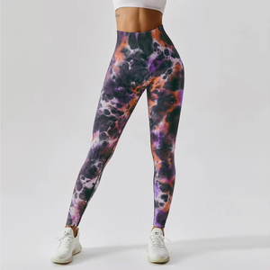 Pantalones de Yoga de cintura alta para mujer Nueva moda Tie-Dye Leggings sin costuras Logotipo personalizado Peach Hip Sports Cordón ajustado - Product Image 5